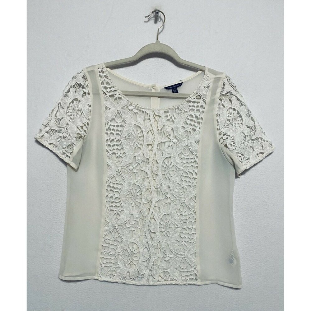 American Eagle AE Top Ivory Lace Sheer Split Back Hem